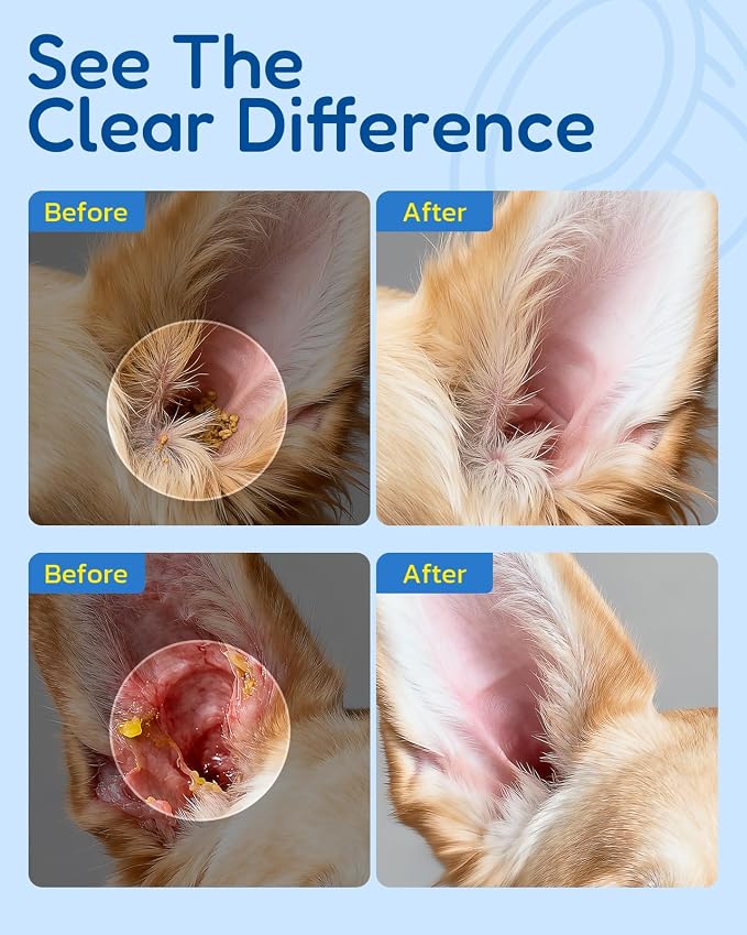 Dog Ear Cleaner - Pet Ear Wash, Flush and Drop Cleaner Solution for Cat & Dog Infection and Itch Relief, Gently Removes Debris, Wax Buildup, Odor - 4 fl oz