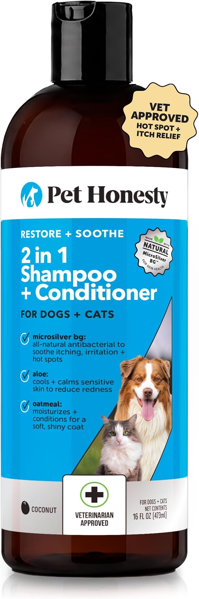 2 in 1 Dog Shampoo and Conditioner - Medicated Cat Shampoo for Itchy Skin Relief, Sensitive Skin Oatmeal Shampoo with Aloe Vera + MicroSilver BG for Hot Spot Treatment, Deodorizing Wash (16oz)