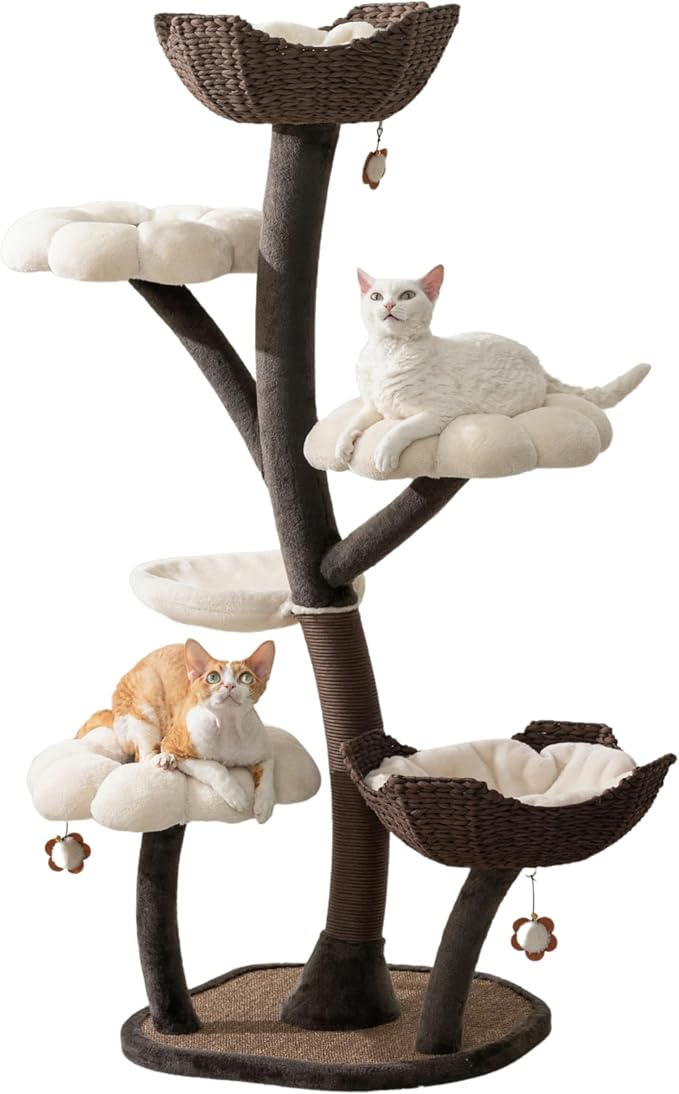 Catry Floral Large Cat Tree with Handcrafted Basket Beds & Flower Perches | Handwoven Baskets Beds with Washable Pads, Durable Iron Frame, Replaceable Flower Perches & 1 Hammock for Multi-Cat Homes