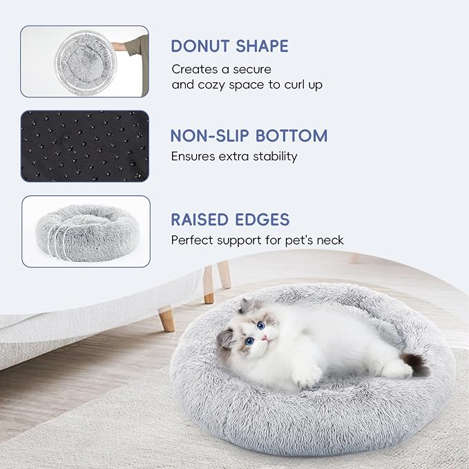 FluffyDream 30 inch Donut Bed - Calming Dog Bed, Plush Washable, Grey