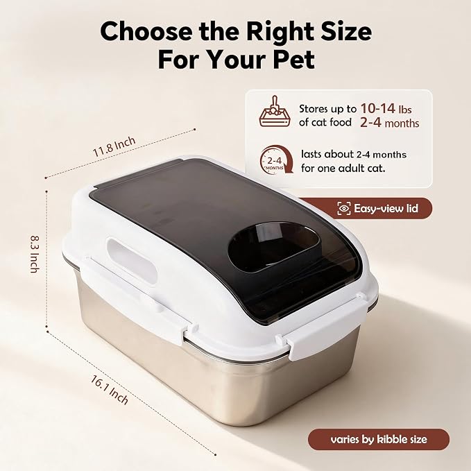 304 Stainless Steel Storage Container with Lid, Metal Storage Bin | Up To 14 Lbs, Mouse Proof, Ant-proof, Coming With Scoop, for Cat Bird Pet Dry Food Treats