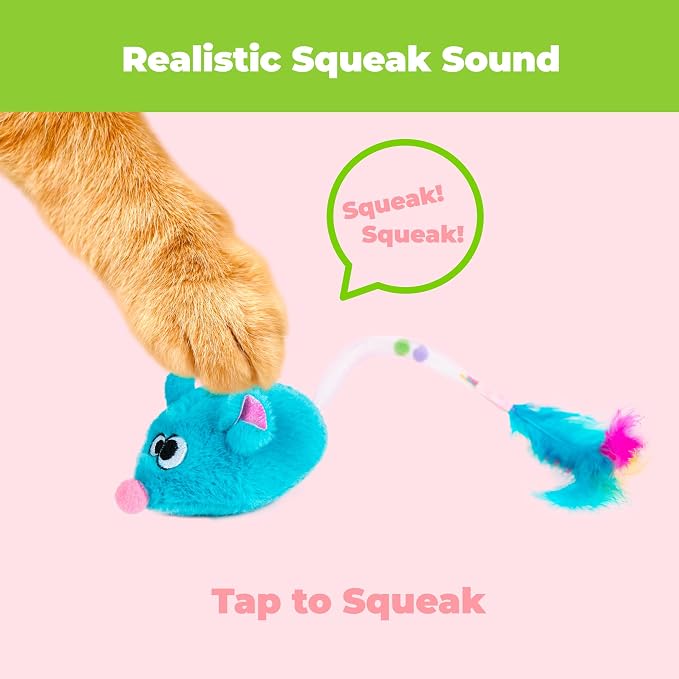 Catify Best Pet Supplies Interactive Squeak Mice – Tap-Activated Realistic Mouse Cat Toy Catnip-Infused, Elastic Mesh & Feathered Tail With Realistic Squeaks For Indoor Cats & Kittens - Blue & Fuchsia