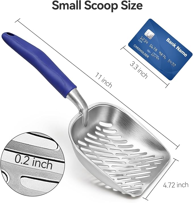 Cat Litter Scoop, Kitty Metal Scooper, Heavy Duty Aluminum Deep Sifter with Long Handle, Rustproof Durable Kitten Poop Shovel for Travel & Small Litter Box