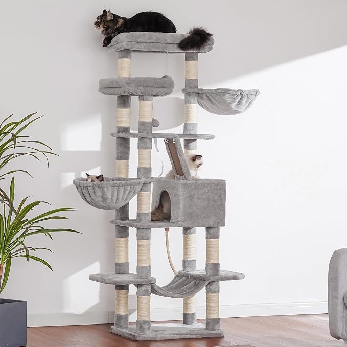 Heybly Cat Tree, 68 inch Multi-Level Cat Tower for Indoor Cats HCT025W | Cat Condo with 2 Widened Plush Perches, 2 Cozy Baskets, Scratching Board and Big Caves, Light Gray