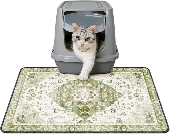Cat Litter Mat Litter Trapping Mat, 24"x18" Waterproof Urine Proof Litter Box Mat Catcher Mat Non-Slip Washable for Kitty Kitten, Green