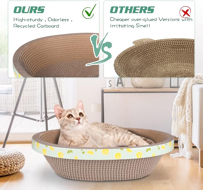 Oval Cat Cardboard Scratcher with Lounger Bed, High-Density Kitty Cat Scratching Pad for Indoor Cats Grinding Claws, Ergonomic Curved Furniture Couch Cat Scratch Protector, 17.3" × 13.6" × 4.5"