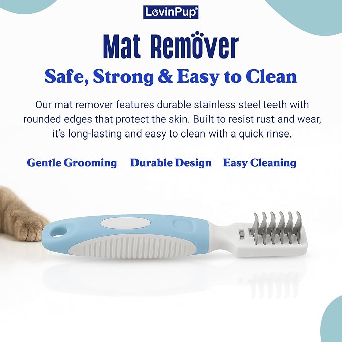 Pet Mat Remover – Professional Dematting Comb for Dogs and Cats | Dematting Comb w/Stainless Steel Rounded Teeth for Gentle Knot & Tangle Removal – Dog Dematting Tools & Dog Grooming Supplies