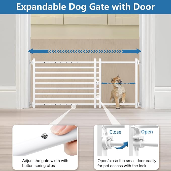 Malier Dog Gate with Door, 34-55" Extra Wide Full Metal Pet Gate Short Dog Gate for Stairs, Pressure Mount 20'' Tall Puppy Gate, Easy Step Over Low Gate for Doorways