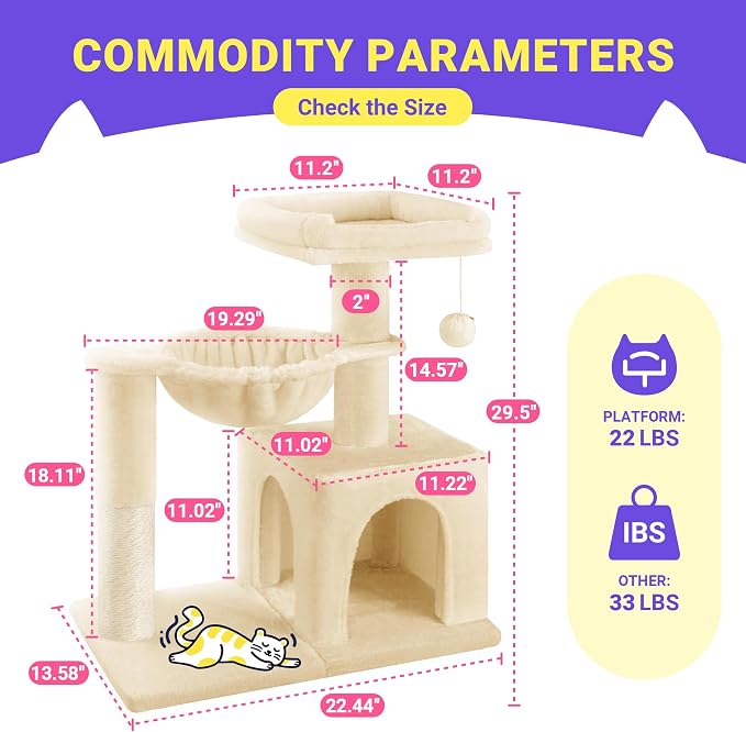 Allewie 29.5in Indoor Cat Tree, Multi-Level Cat Tower with Sisal Scratching Posts, Padded Perch, Basket, Condo, and Hanging Ball, Suitable for Kittens and Adult Felines,Beige