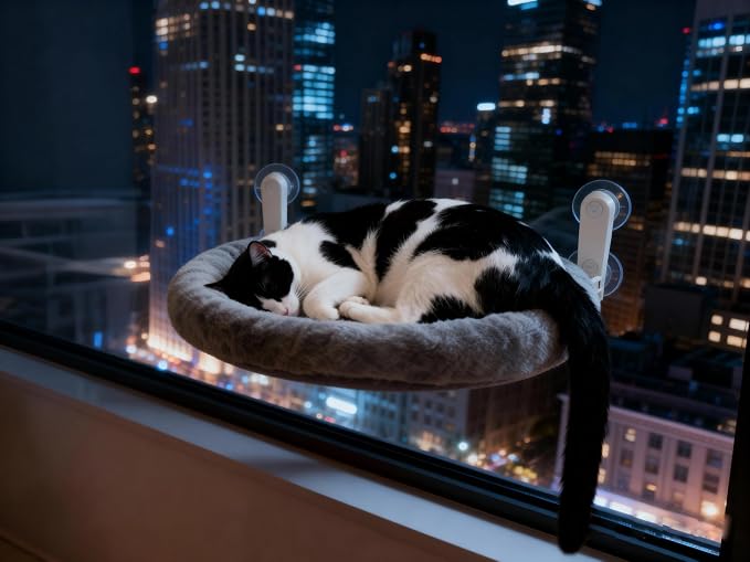 YGP Heavy-Duty Metal Frame Cat Window Perch with Foldable Design | No Drilling Space-Saving Fold-Down 40lbs Tested Hold 4 Strong Suction Cups Ultra-Soft Fleece Hammock for Cats