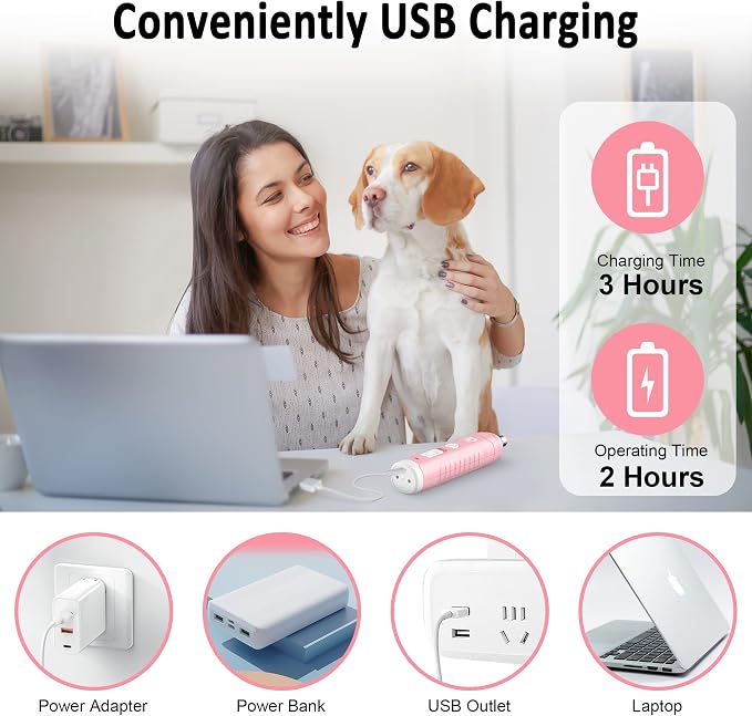 Casfuy Dog Nail Grinder with 2 LED Light for Large Medium Small Dogs - 3X More Powerful 2-Speed Electric Pet Nail Trimmer Rechargeable Quiet Painless Paws Grooming & Smoothing Tool