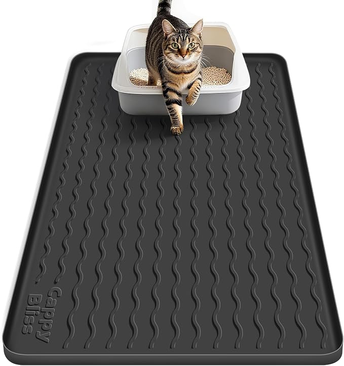 Cat Litter Mat, 34"x22" Waterproof Silicone Pad, Black | Large Size, Urine-Proof Pad, Litter-Trapping Waves, Non-Slip, Easy Clean, Paw-Safe, for Litter Box, Floor Mat