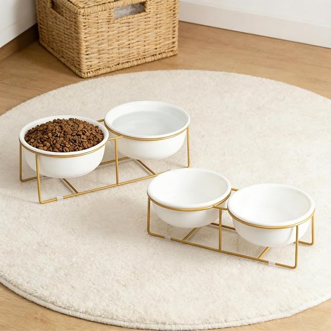 Elevated Dog Bowls for Food and Water - Double Ceramic Bowls with Metal Stand - Pet Feeding Set for Small Dogs and Cats - Each Holds 400ml / 2 Cups (Approx. 200g) - White