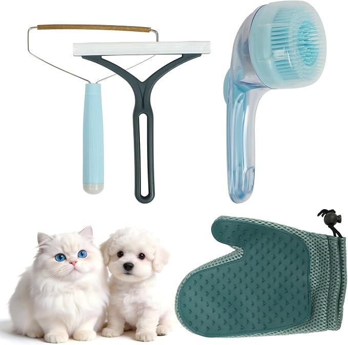Pet Hair Remover Kit for Dogs & Cats, Reusable Grooming Set | Includes 2 Lint Removers, A Grooming Glove And Bath Brush For Removing Pet Hair From Couches, Carpets, Clothing And Furniture
