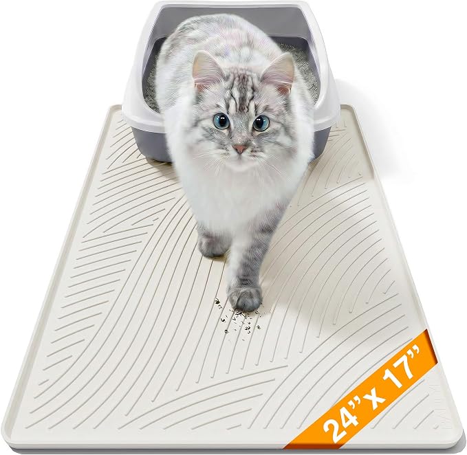 Cat Litter Box Mat - SM Small Medium Size 24 x 17 in, Water Proof, Kitty Litter Trapping Mat, Easy to Clean, Scatter Control, Odorless, Pet Supplies for Indoor Cats, Beige Gray
