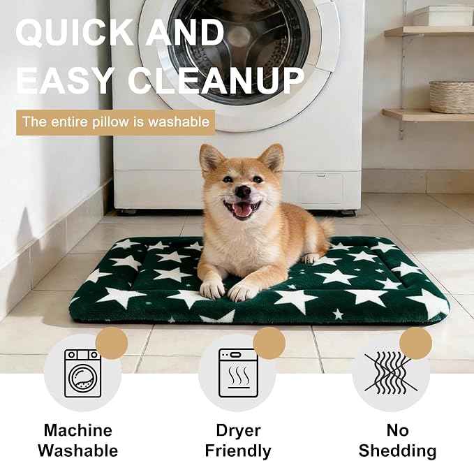 Dog Bed Mat – Soft & Comfortable Dog Kennel Pad for Crate – Durable Crate Bed & Mat for Dogs & Cats – Ideal for Crate, Kennel, and Home Use (Big&Little Stars Green, S(24"*18"*1.5"))
