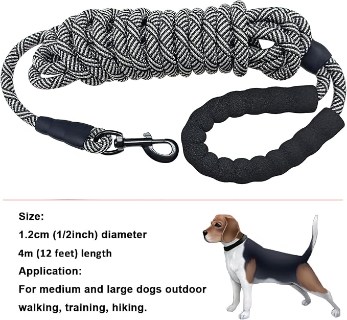 MayPaw Heavy Duty Rope Dog Leash, 3/4/6/7/8/10/12/15/20/30FT Nylon Pet Leash, Soft Padded Handle Thick Lead Leashes for Large Medium Dogs (Black, 1/2" * 12')