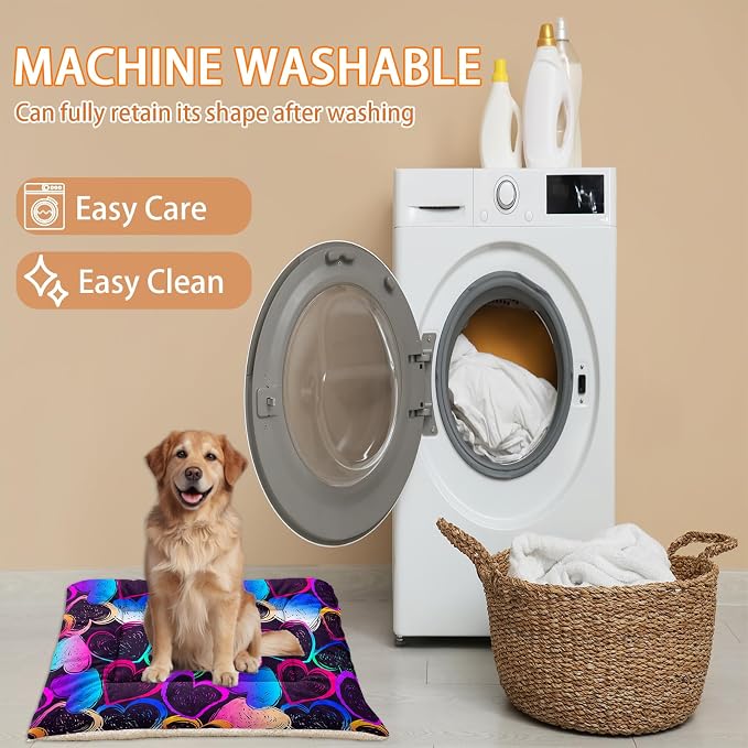 HOSIMA Multicolor Heart Pattern Pet Bed Mat,Fuzzy Crate Pads for Dog Cages,Washable Soft Cozy Sleeping Mat,Plush Black Pad Suitable for Medium Dog Bed,38L*32W Inch,Colorful.