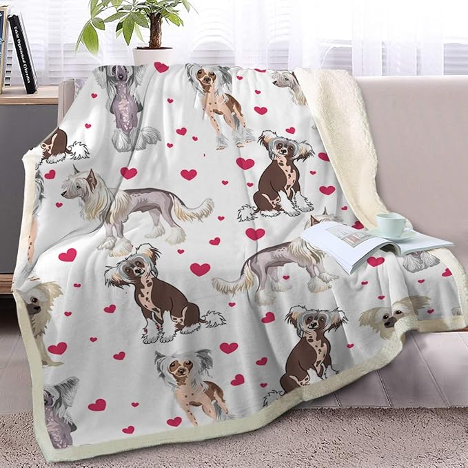BlessLiving Red Hearts Dog Cat Print Plush Blanket Cute Puppy for Kids Adults 3D Animal Print Plush Blanket Gift for Pet Lovers (Chinese Crested,Throw, 50 x 60 Inches)
