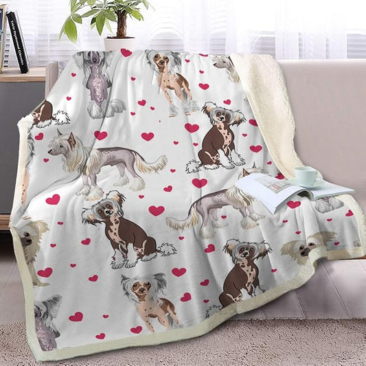 BlessLiving Red Hearts Dog Cat Print Plush Blanket Cute Puppy for Kids Adults 3D Animal Print Plush Blanket Gift for Pet Lovers (Chinese Crested,Twin, 60 x 80 Inches)