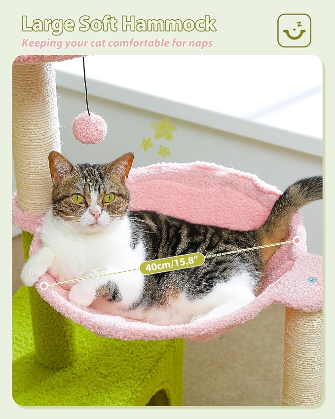PEQULTI Flower Cat Tree, 36.6" Pink Cat Tower with Sisal Scratching Posts for Indoor Cats, Large Hammock, Condo and Pink Top Perch for Kittens, Fluffy Ball, Blue
