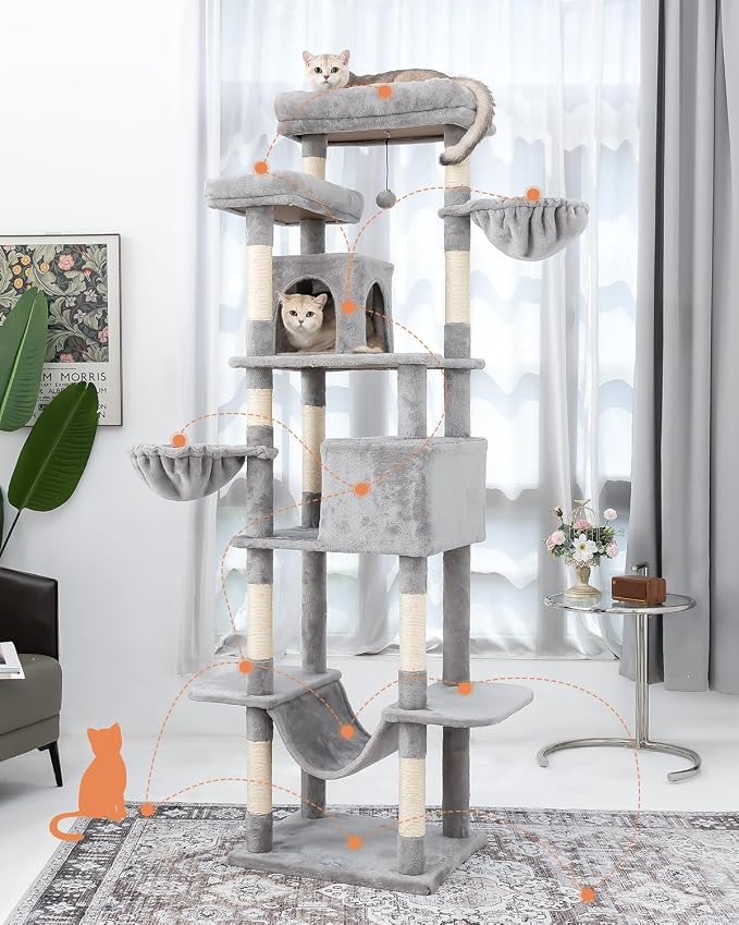 Cat Tree, 81-Inch Tall Cat Tower with Scratching Post, Plush Multi-Level Cat Condo with 2 Perches, 2 Caves, 2 Basket, Hammock for Indoor Cats Light Grey