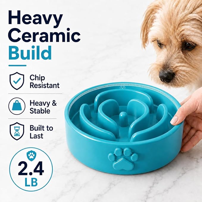 Slow Feeder Dog Bowls – 1.5-Cup Ceramic Dog Bowl Slow Feeder – Microwaveable Dog Slow Feeder for Small and Medium Dogs – Lead and BPA-Free Ceramic Pet Bowl – Pet Feeder for Fast Eaters