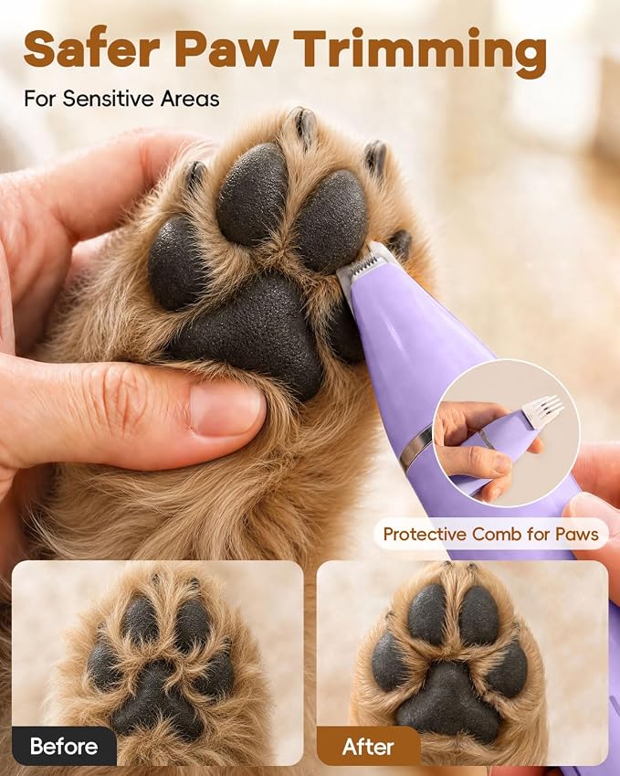 Veeconn 4 in 1 Dog Clippers Grooming Kit with Paw Hair Trimmer for Cat Pet | Low Noise, 7500RPM Powerful, IPX7 Waterproof, Safe & Easy for Beginners, 4 Guide Combs, Cordless Dog Nail Grinder(Purple)