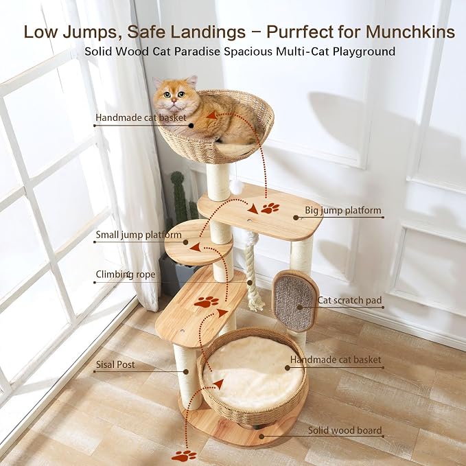 49.6in Solid Wood Cat Tree for Large Cat, Modern Tall Cat Tower | Multi-Level Cat Condo, Cute Aesthetic Design, with Scratching Post, with Hand-Woven Cat Bed, for Indoor Cats, Easy to Clean