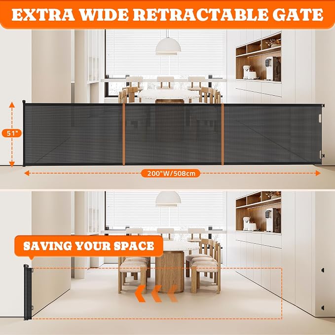 Pawtners Retractable Baby Gates Extra Wide, Dog Gate Indoor for Stairs, Pet Gate with Support Rods for Doorways Hallways Indoor & Outdoor,51" Tall x 200" Wide