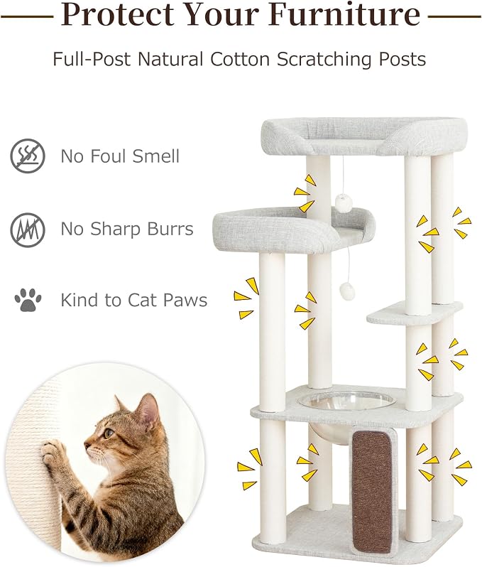 Cat Tree for Large Cat, Modern Senior Friendly Cat Tower with Wide Shelves Low Step, Cotton Scratching Posts, Super Sturdy Base, Cozy Perches, and Interactive Toys (Gray)