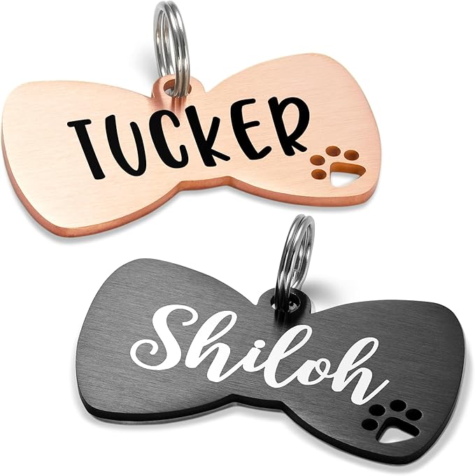 Ultra Joys Dog Tags Personalized for Pets - Hollow Paw Custom Pet ID Tag - Engraved Dog Tag for Small, Large Dogs - Large Bow Tie in Black