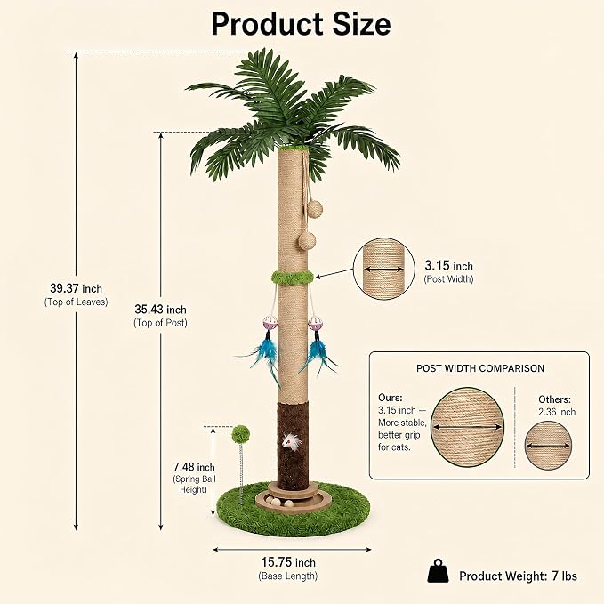 Cat Scratching Post, 35 Inch Tall Sisal Rope Cat Scratcher Tree, Scratching Posts for Indoor Cats Adults with Interactive Cat Toy, Mouse Hole & Ball Track for Kittens Adults Cats