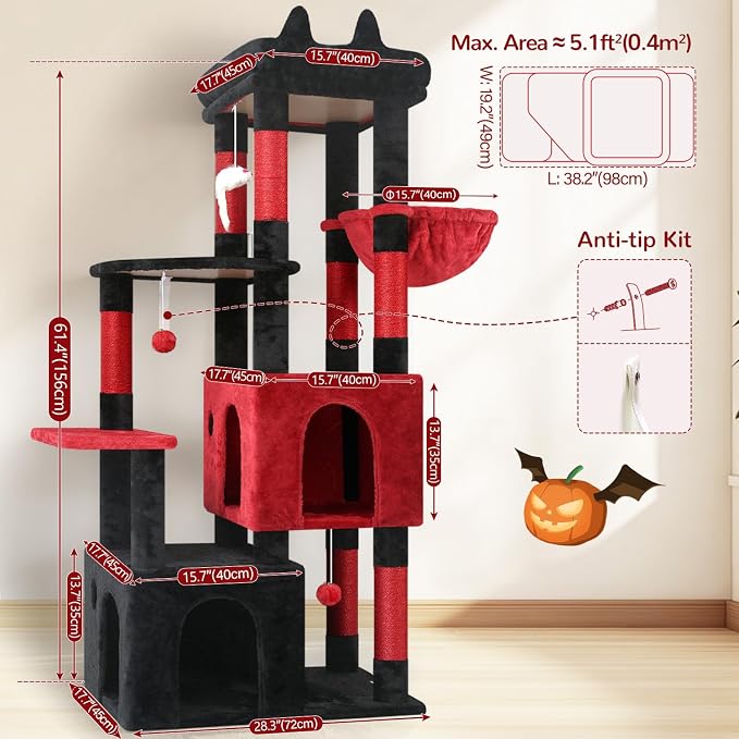 Globlazer Heavy Duty Cat Trees for Big Cats Maine Coon, F61, Blood-Goth | Gothic Cat Tower for Indoor Large Adult Cats with Scratching Post, Extra Large Top Perch, Cat Condos, 61inch