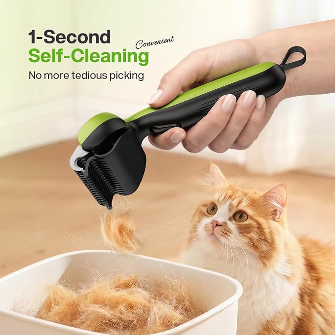 Pecute Self-Cleaning Undercoat Rake for Dogs Cats with Thick Double Coats | 1-click clean, 304SS, 18 rounded teeth, For seasonal heavy shedding & matting, Gentle on pets, Ideal for long/dense coats