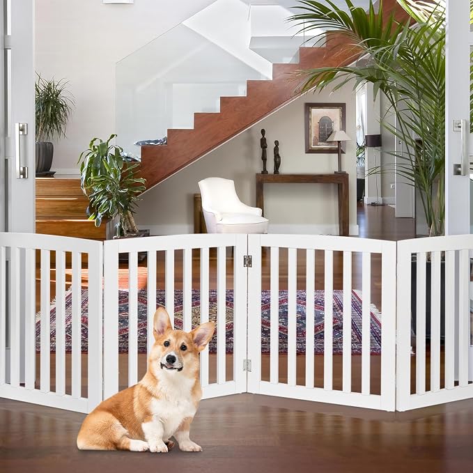 Extra Wide Dog Gate 82 x 24 Inch Freestanding Indoor Pet Door for House Doorways Stairs Halls, Foldable Wood Safety Fence 4 Panels, White