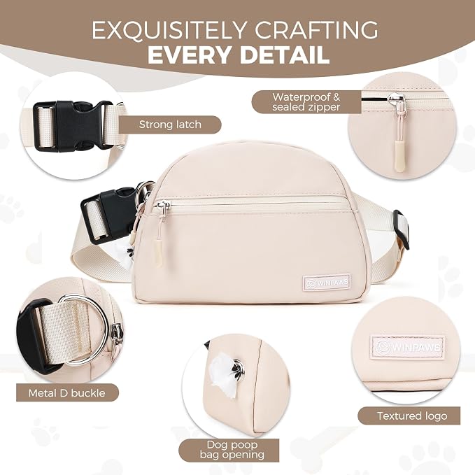 Dog Treat Pouch Pet Training Walking Fanny Pack with Built-in Poop Bag Dispenser & Waste Bag Holder | Stylish Puppy Training Essentials Supplies | Free Dog Clicker (Cream)