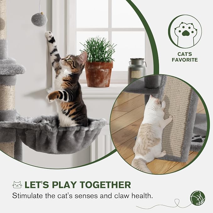 68 Inches Multi-Level Large Cat Tree for Large Kitties/Big Cat Tower with Condo/Cozy Plush Perches/Sisal Scratching Posts and Hammocks/ ‌Feline Activity Center Play House/Grey