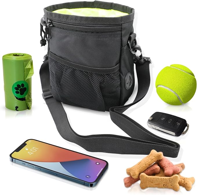 Dog Treat Pouch, Pet Training Clickers,Hands-Free Waist Belt Clip Nylon Pet Treat Pouch with Shoulder Strap, Puppy Walking Supplies Built-in Poop Bag Dispenser for Cat Bird Rabbit (Black)