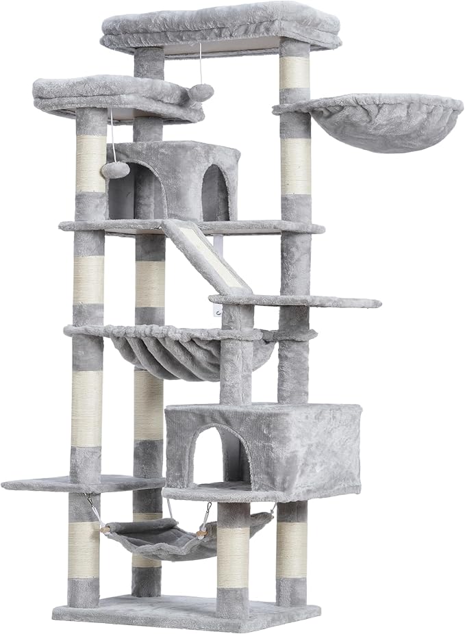 Heybly Cat Tree, 71-Inch-Tall Tower for Indoor Cats with 2 Perches HCT034W | Large Cat Furniture with 2 Big Condos, 2 Hammocks, Basket, Scratching Pad, Multi-Level Cat Condo, Light Gray