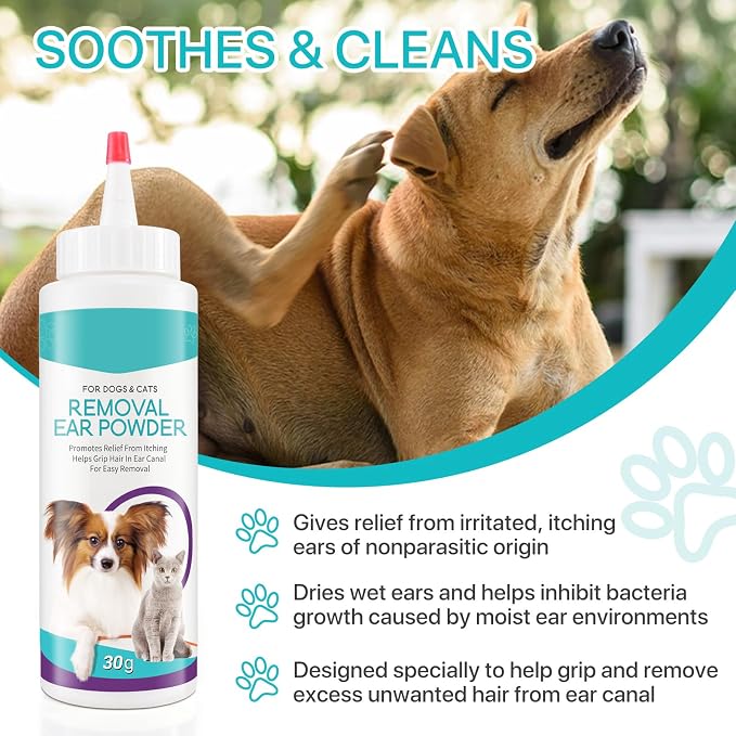 Dog Ear Powder for Hair Removal, Ear Infection Treatment for Dog & Cat, 30g | Advanced Dog Ear Cleaner, Supports Infection Prone Ears, Gently Removes Ear Wax, Reduce Ear Odor in Pets & Soothes Itchy Ears