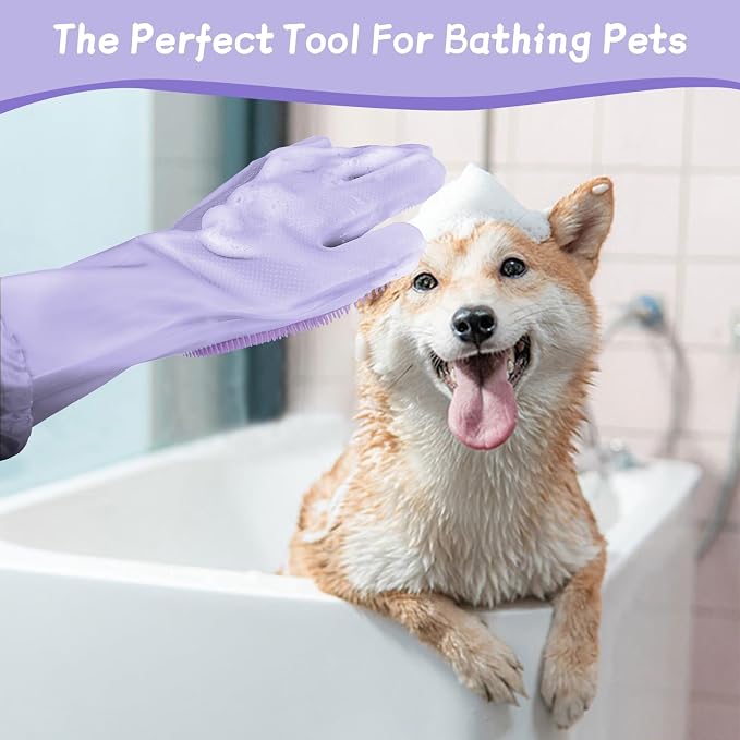 Dog Washing Gloves & Hair Remover for Cats and Dogs,Dog Bath Gloves with Extended Length,Comfortable Dog Bath Gloves for Gentle Bathing Efficient, Multifunctional Silicone Pet Gloves(Purple