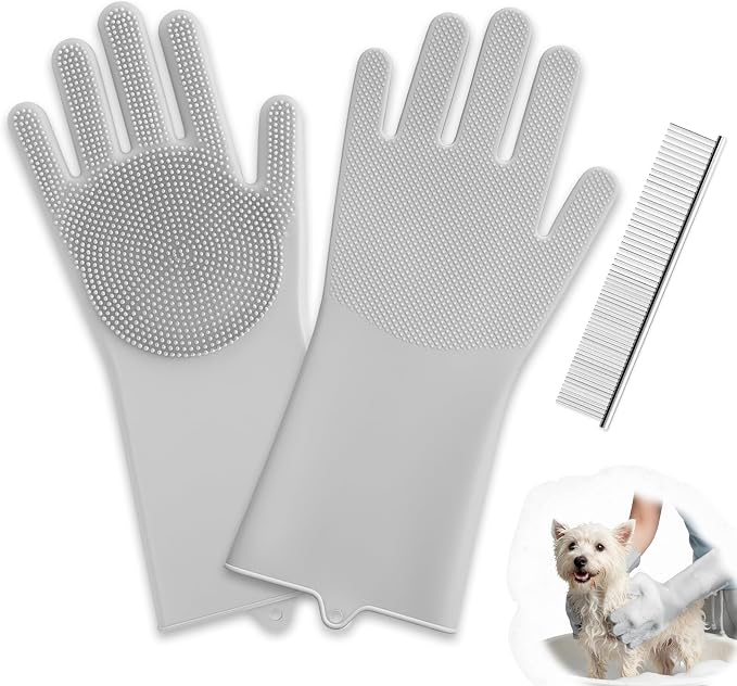 DELOMO Silicone Pet Grooming Gloves Dog Washing Gloves with Comb, Grey | 3000 Soft Silicone Bristles with Comb, 5-Finger Flexible, Massages & Removes Fur, Non-Slip, Easy Clean, for Dogs/Cats/Horses