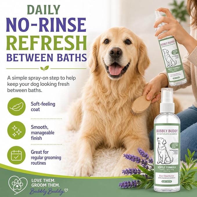 Pet Waterless Shampoo for Dogs, No-Rinse Dog Shampoo Spray with Aloe, Shea Butter, Colloidal Oatmeal, Jojoba Oil, Vitamin E & Tea Tree Oil, pH Balanced, Lavender & Tea Tree Scent, 8 fl oz