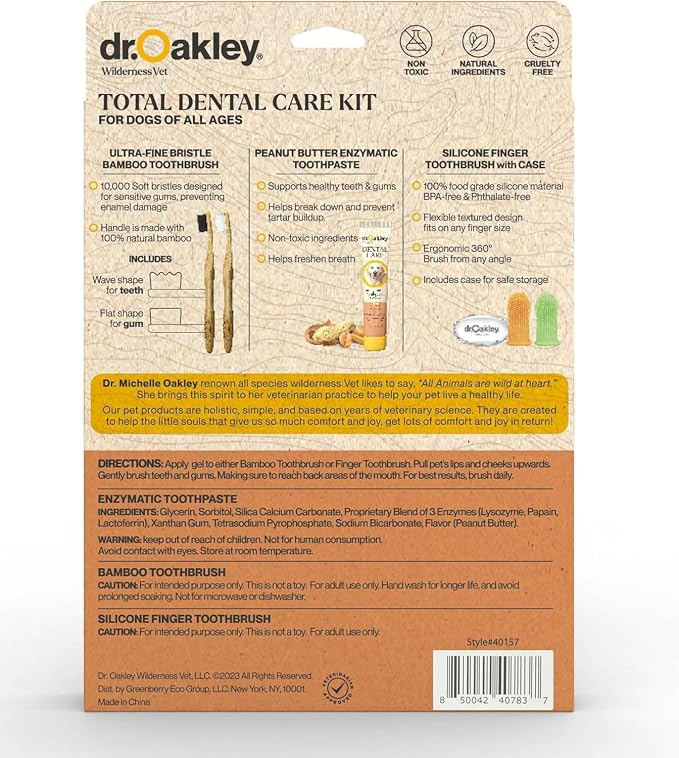 Dr. Oakley Dental Toothbrush Kit for Dogs & Cats -Finger Brush for Small Pets and Soft brushes for Large or Older Natural and Safe Peanut Butter Flavor -