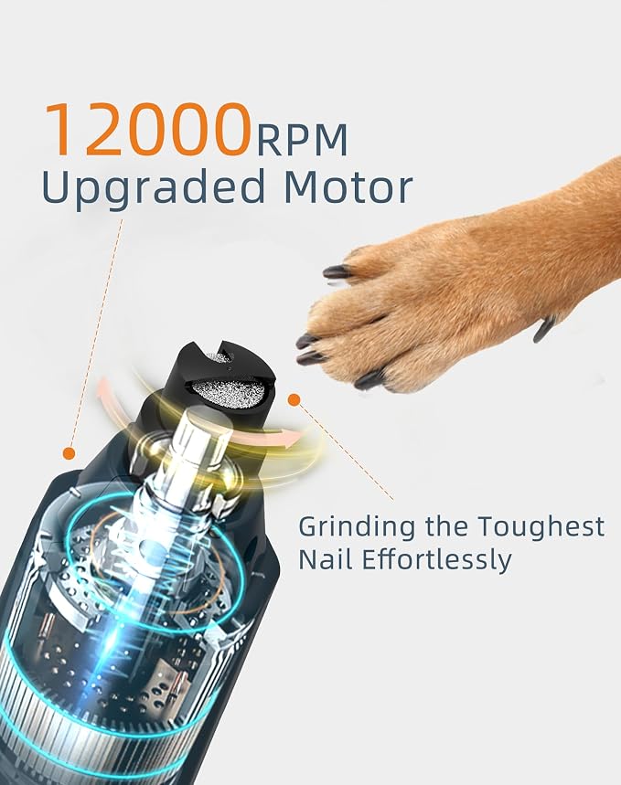 6-Speed Dog Nail Grinder& 5 Grinding Heads Super Quiet (45 db)Pet Nail grinder with 2 LED Lights 12000RPM & 3 Grinding Ports with Dust Cap Dog Nail Trimmer for Large Medium Small Dogs