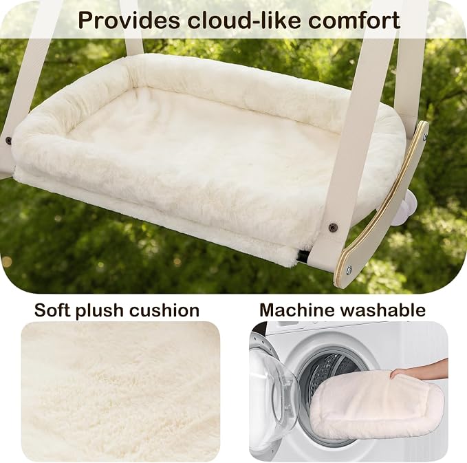 Cat Window Perch with 4 Strong Suction Cups | Cat Hammock for Window, Easy Assembly, Solid Wood Frame with Large Cats Bed, Supports Up to 40lbs for Indoor Cats