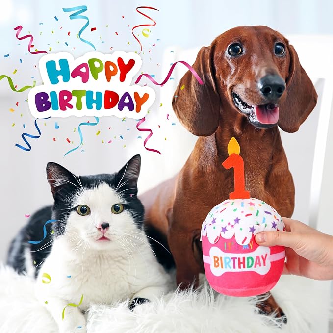 Dansydaisy Dog Birthday Cake Toy Accessories for Girl Boy Gifts, Squeaky Plush Toy for Dog Birthday Party Decor Favor for Large, Medium and Small Dogs(1st,Pink)