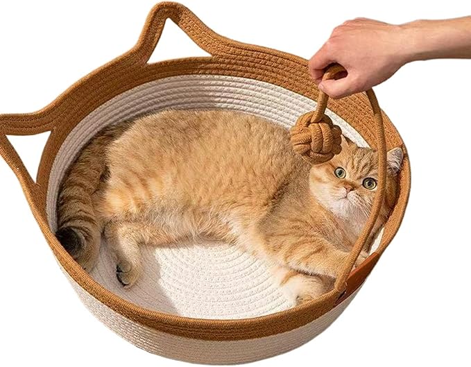 Handwoven Cotton Rope Cat Bed - Breathable & Easy to Clean, Foldable Scratchable Hammock with Cat Ear Design, with a Playing Ball for Kittens - Large Brown