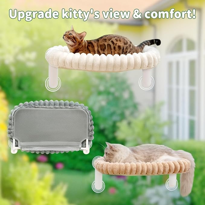Sunhoo Foldable Cat Window Perch, Large Suction Cup Kitty Hammock, White | Windowsill Pet Bed for Cats Inside, Cordless Kitten Seat Supports 40 lbs, Soft Reversible Plush Cushion, Machine Washable